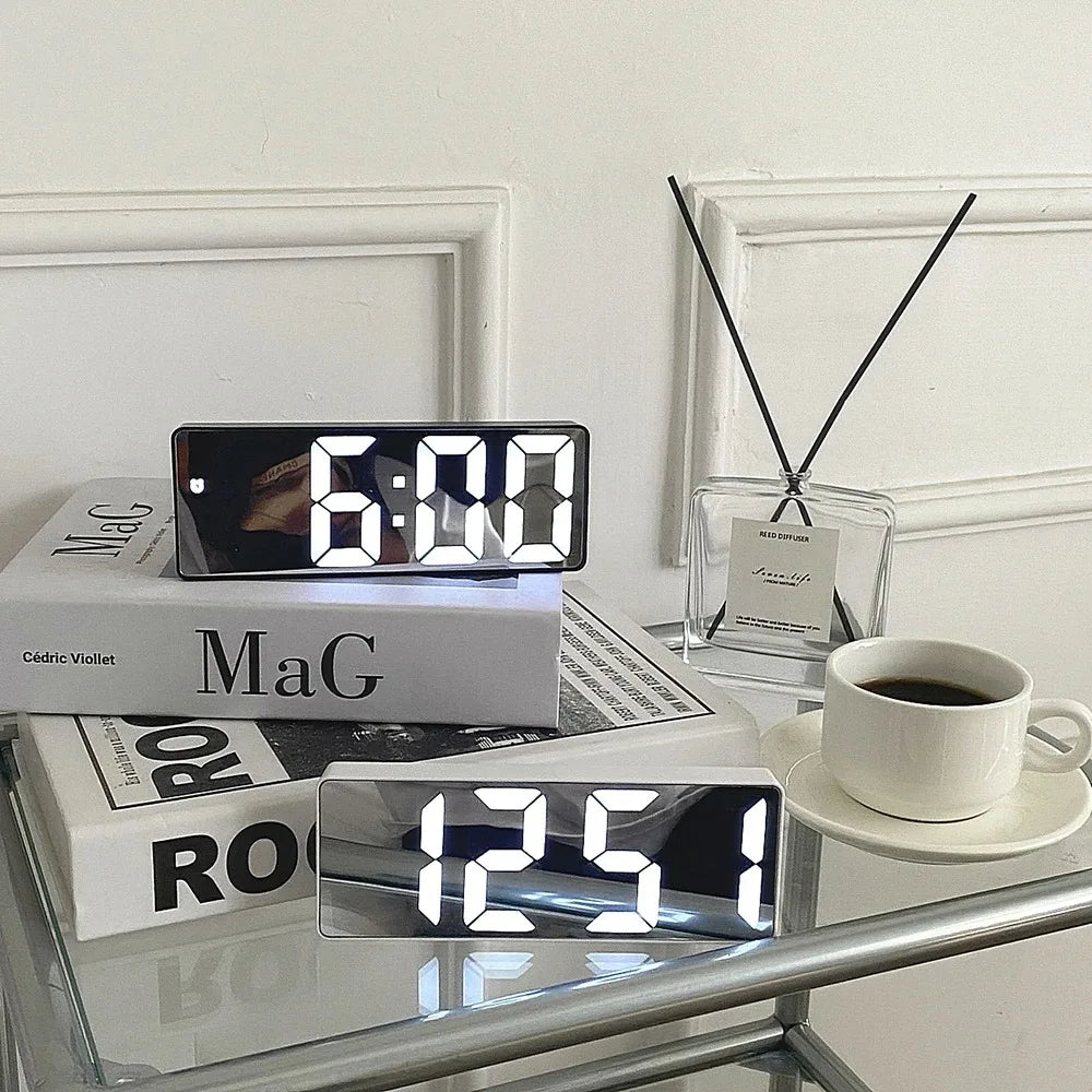 Modern LED Mirror Alarm Clock – Smart Digital Clock with Temperature Display for Bedside or Desk