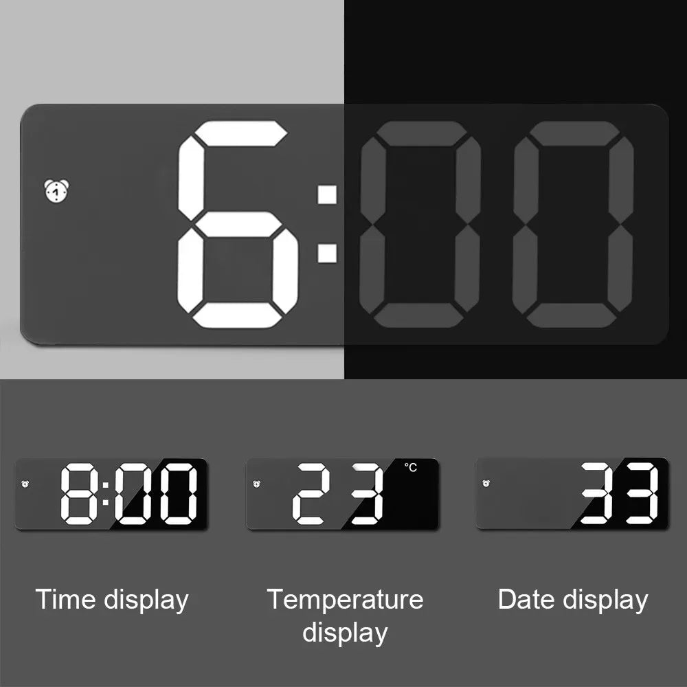 Modern LED Mirror Alarm Clock – Smart Digital Clock with Temperature Display for Bedside or Desk