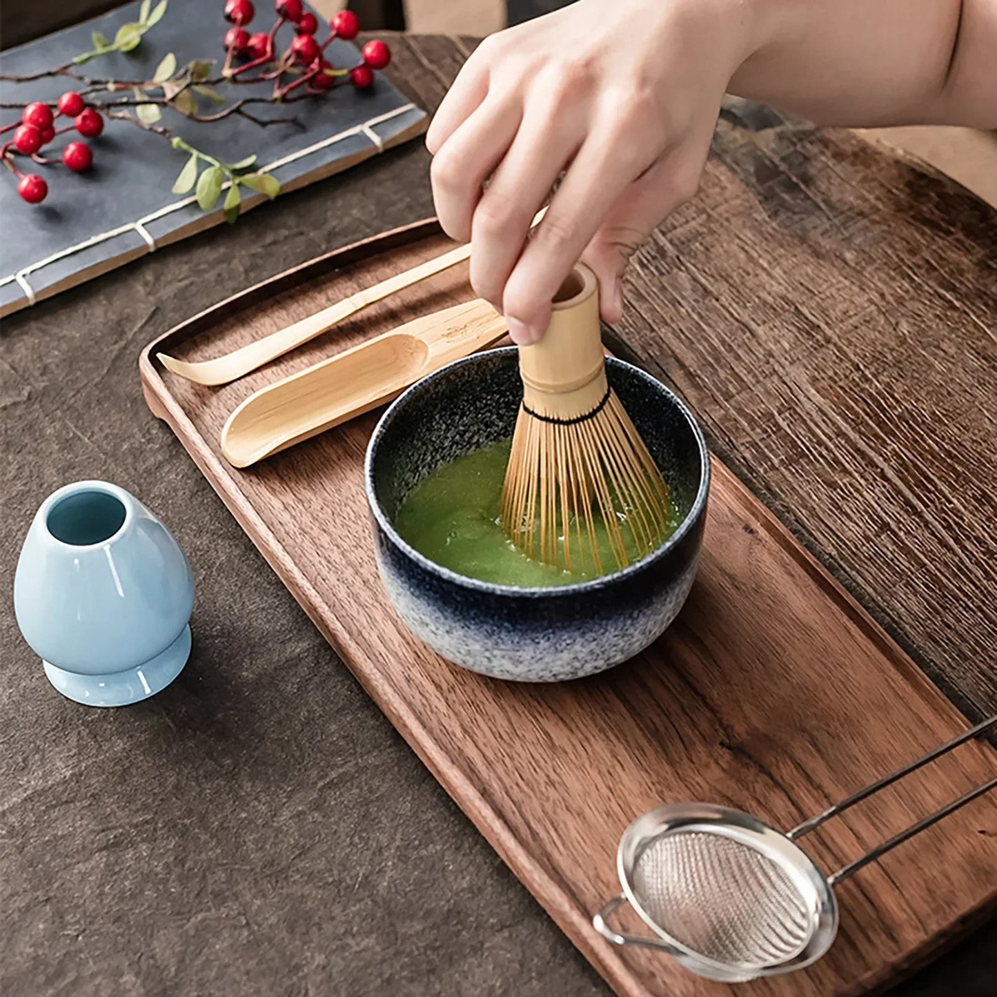 Matcha Set – Bamboo Whisk, Ceramic Holder & Strainer