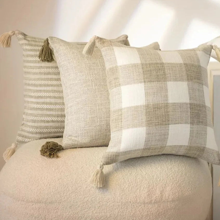 Plaid Decorative Cushion Covers for Sofa, Car Seat & Home Decor | Knitted Cotton-Linen Texture