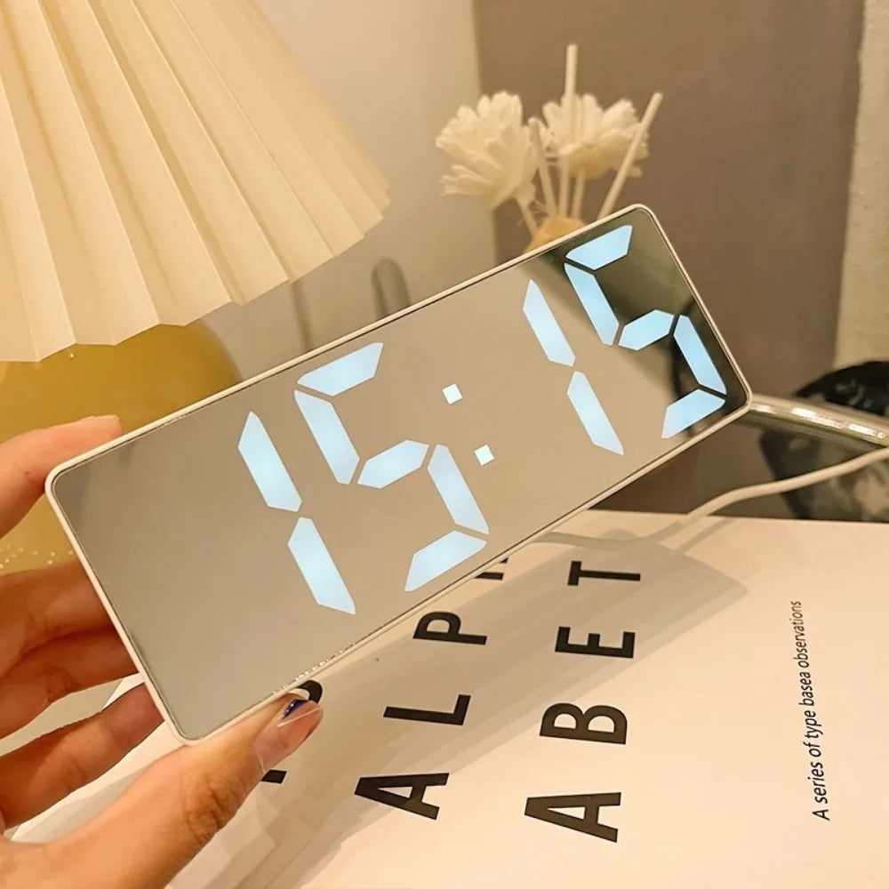 Modern LED Mirror Alarm Clock – Smart Digital Clock with Temperature Display for Bedside or Desk