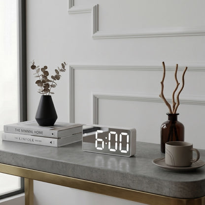 Modern LED Mirror Alarm Clock – Smart Digital Clock with Temperature Display for Bedside or Desk