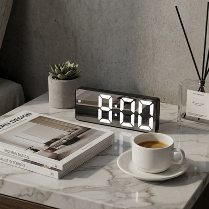 Modern LED Mirror Alarm Clock – Smart Digital Clock with Temperature Display for Bedside or Desk
