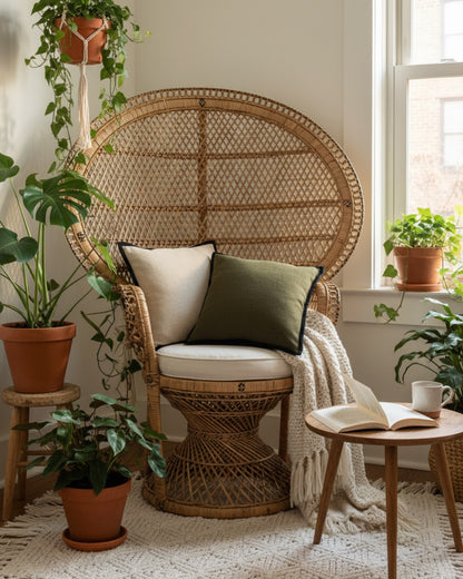 French Vintage Cushion Cover – Green Retro with Black Edging