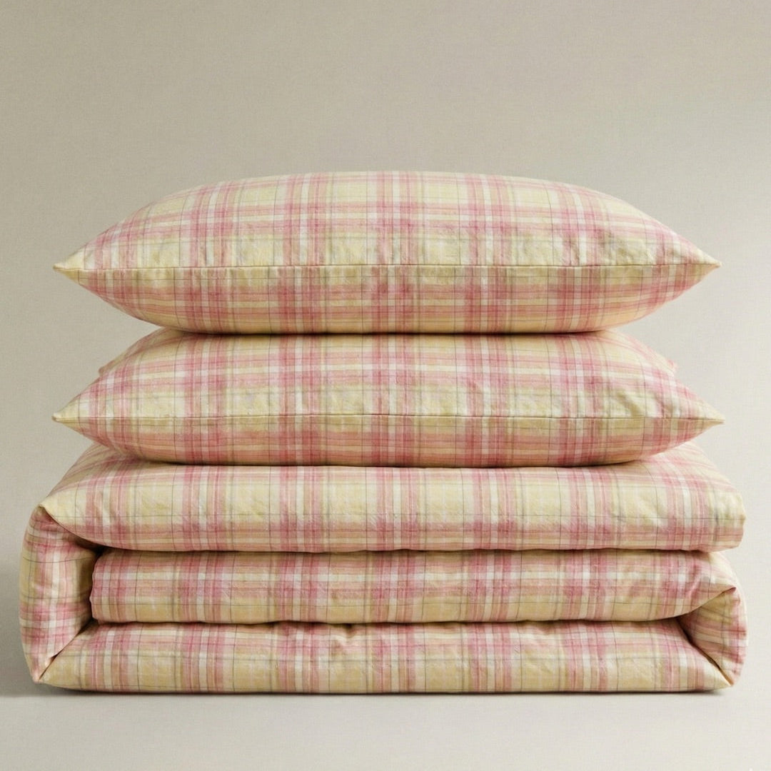 Classic Cotton Bedding – Gingham Dreams Collection – Blush Sunset Plaid