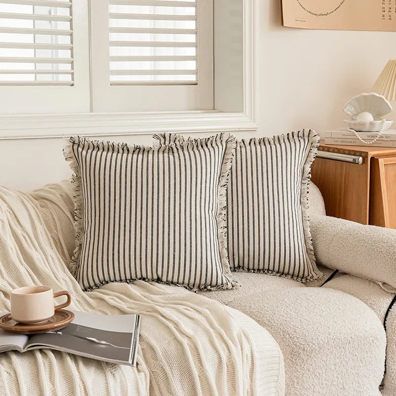 Striped Silk Sofa Cushion Cover | Nordic Tassel Style Pillowcase