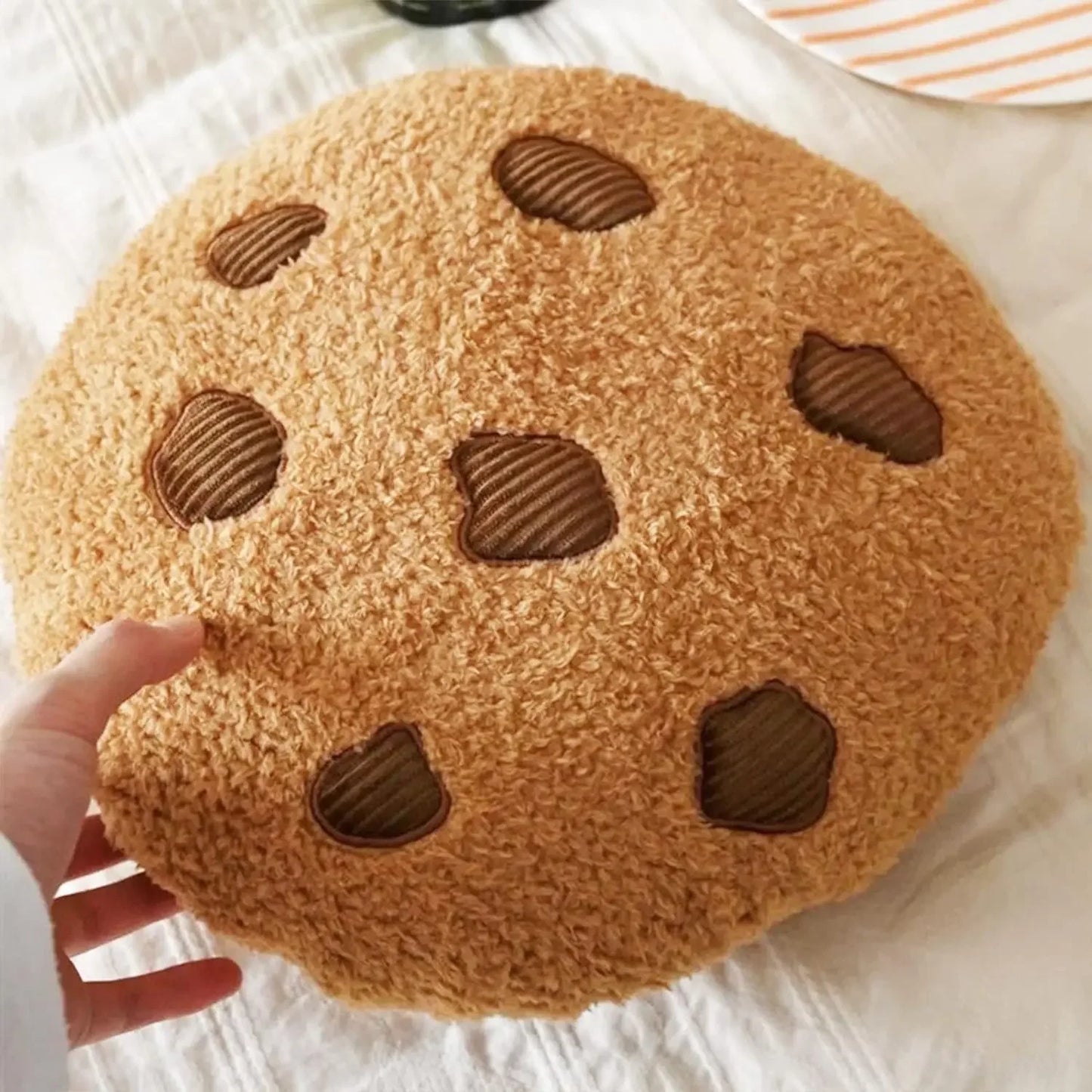 Almohada de peluche con forma de galleta con chispas de chocolate | Cojín redondo suave para sala de estar, dormitorio o mesita de noche 