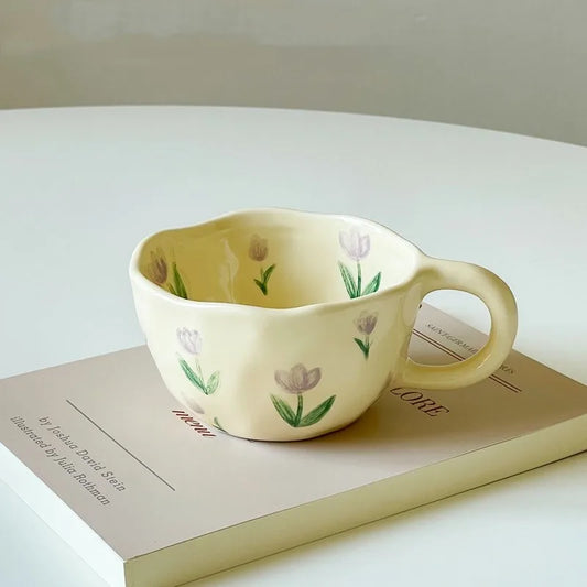 Hand-Drawn Floral Doodle Mug – Korean Style Ceramic Coffee Cup for Milk, Tea, and Oatmeal