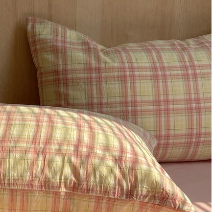 Cotton Pillowcase Set – Gingham Dreams Collection – Blush Sunset Plaid