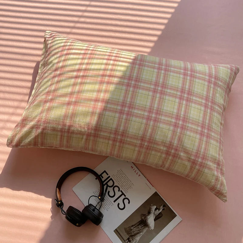 Cotton Pillowcase Set – Gingham Dreams Collection – Blush Sunset Plaid