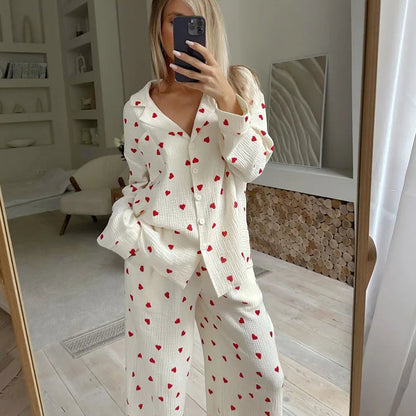 Cotton Pajama Set with Love Heart Print – Button Down Long Sleeve Top & Pants