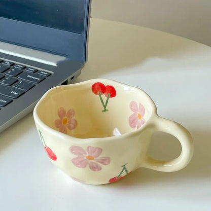 Hand-Drawn Floral Doodle Mug – Korean Style Ceramic Coffee Cup for Milk, Tea, and Oatmeal