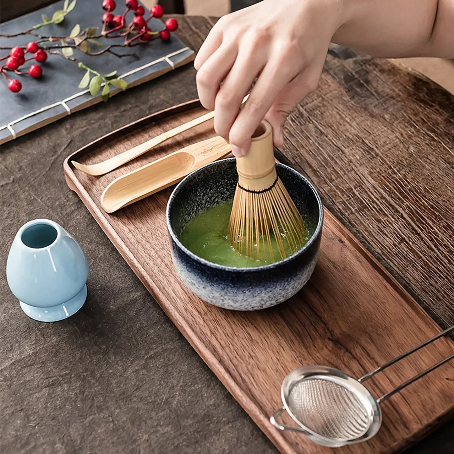 Japanese Matcha Tea Ceremony Set – Bamboo Whisk, Ceramic Holder & Strainer