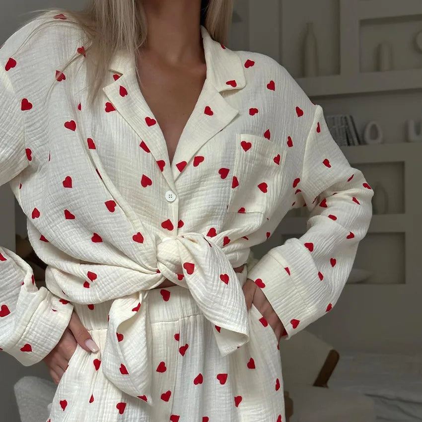 Cotton Pajama Set with Love Heart Print – Button Down Long Sleeve Top & Pants