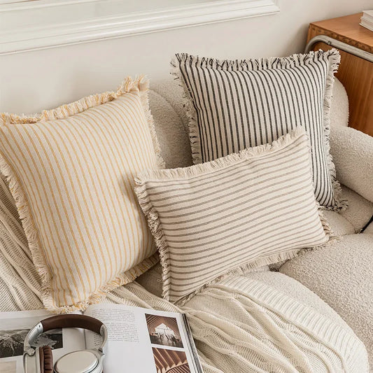 Striped Silk Sofa Cushion Cover | Nordic Tassel Style Pillowcase