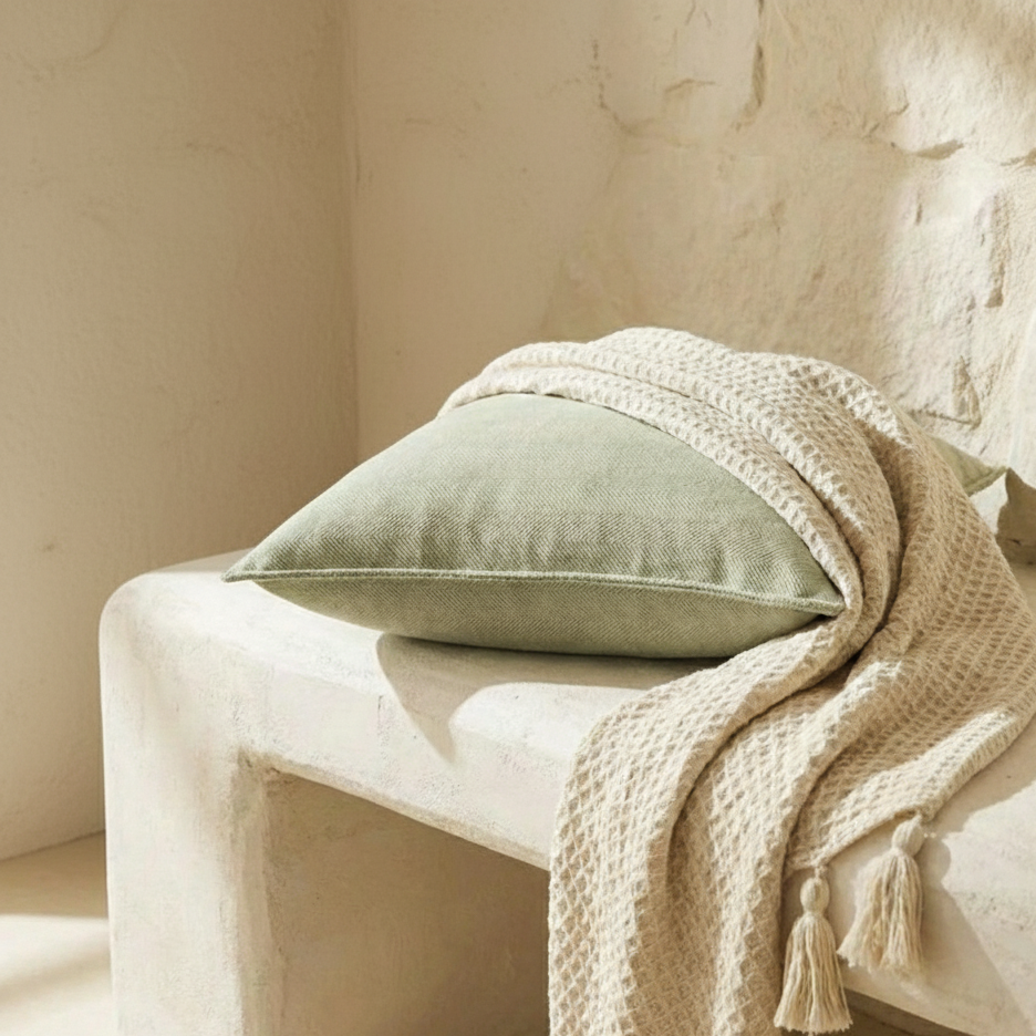 Green pillow on a white chair with a beige blanket draped over it against a neutral wall.