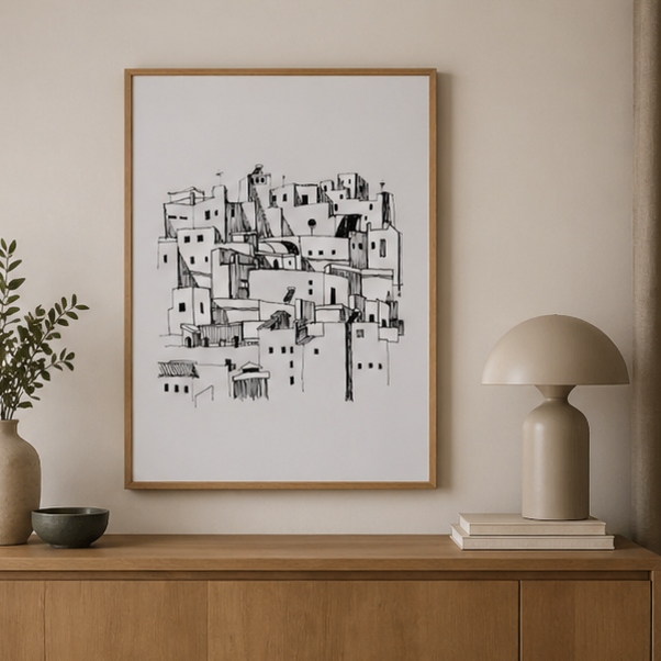 Spanish Village Rooftops – Minimalist Architectural Art Print